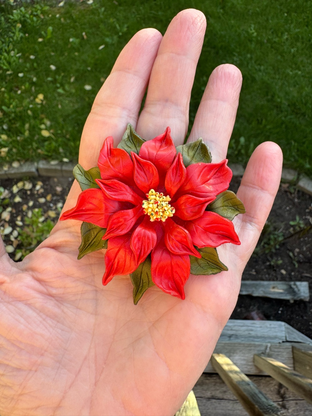 Vintage Red Poinsettia Floral Leather Brooch with Green Leaves
